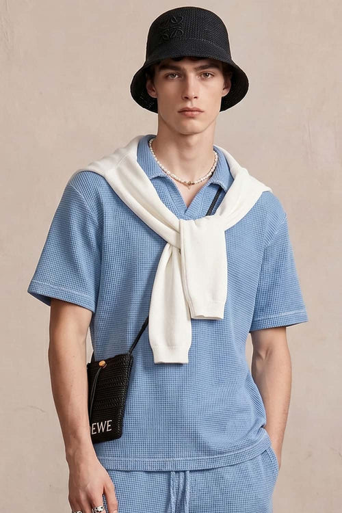 Waffle Textured Loose Fit Polo Shirt - Baby Blue