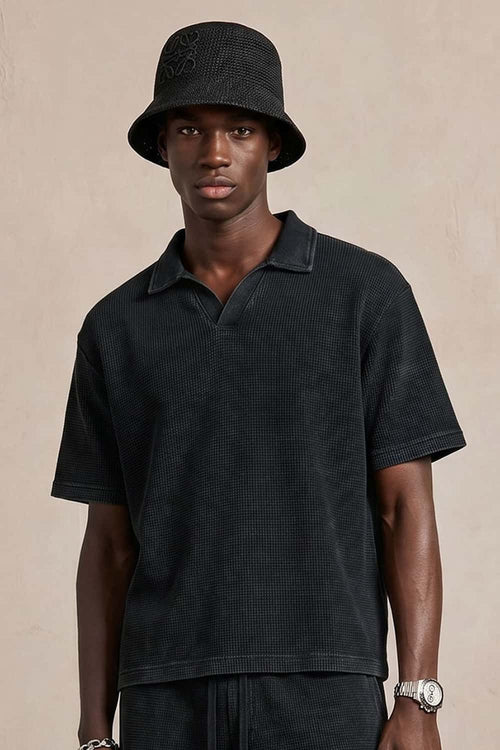 Waffle Textured Loose Fit Polo Shirt - Fried Snowflakes