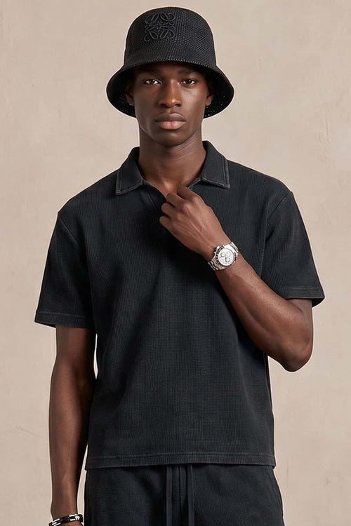 Waffle Textured Loose Fit Polo Shirt - Fried Snowflakes