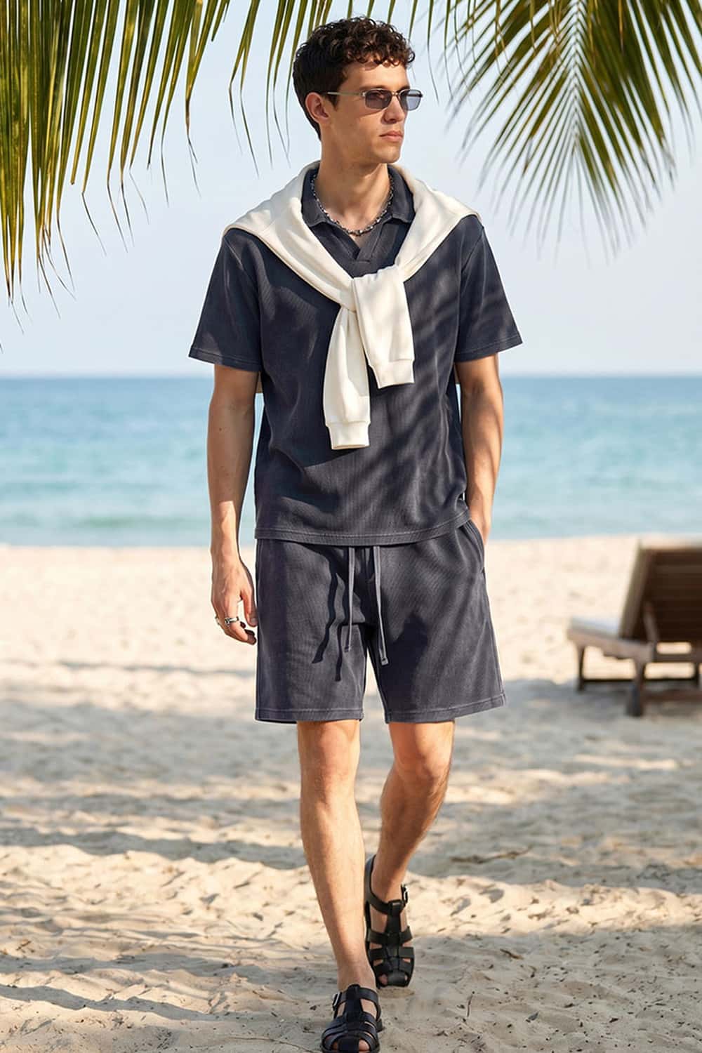 Waffle Textured Loose Fit Polo Shirt - Iron Gray