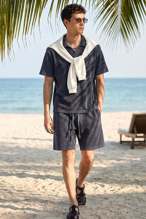 Waffle Textured Loose Fit Polo Shirt - Iron Gray