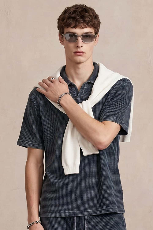 Waffle Textured Loose Fit Polo Shirt - Iron Gray