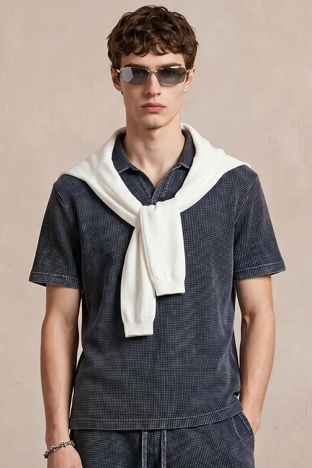 Waffle Textured Loose Fit Polo Shirt - Iron Gray