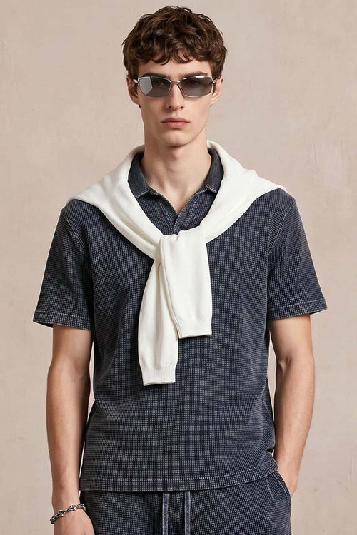 Waffle Textured Loose Fit Polo Shirt - Iron Gray