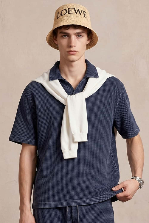 Waffle Textured Loose Fit Polo Shirt - Midnight Blue