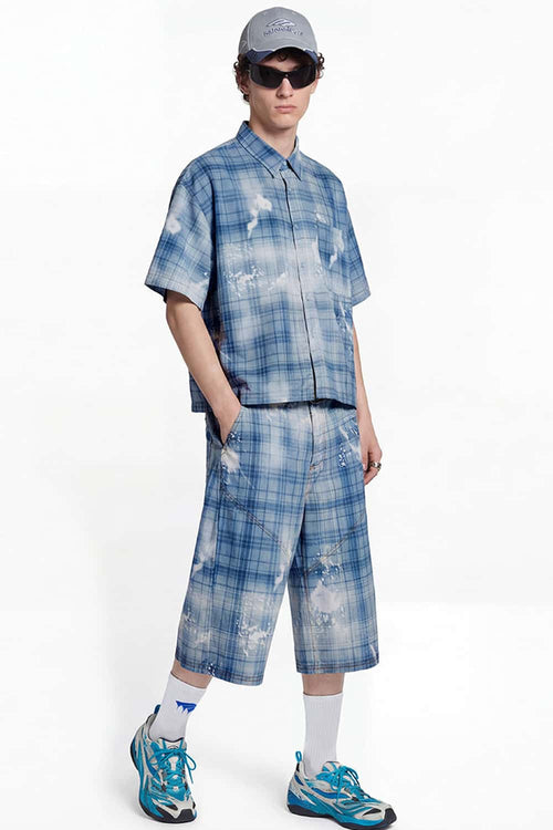 Distressed Plaid Boxy Short-Sleeve Shirt - Blue