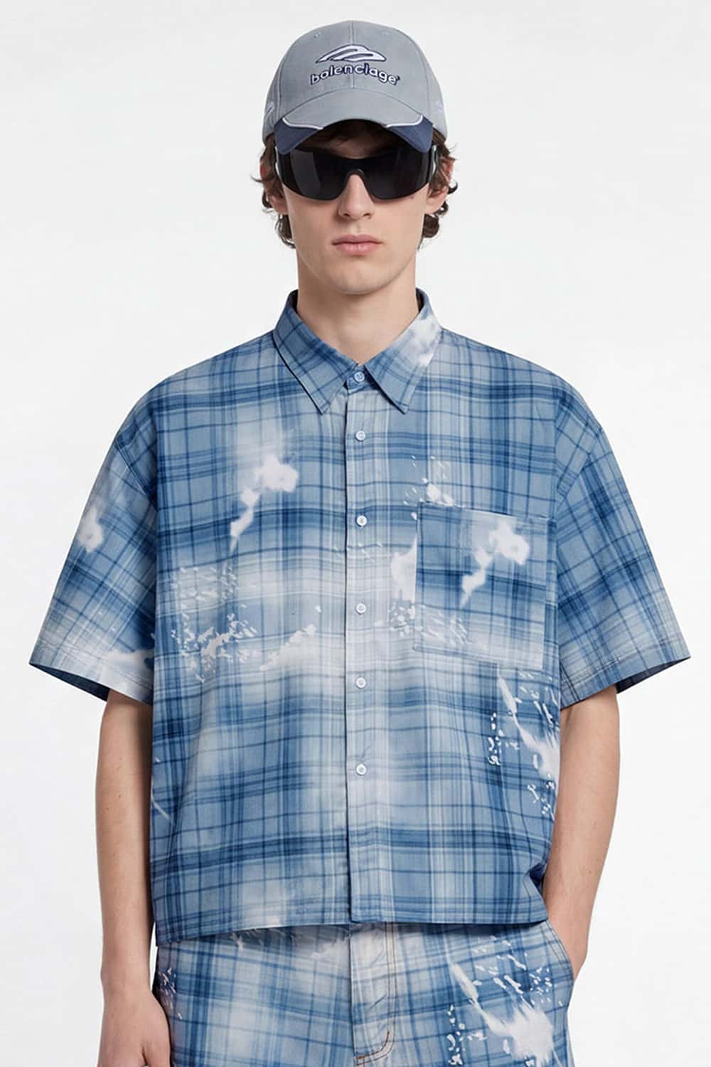 Distressed Plaid Boxy Short-Sleeve Shirt - Blue