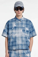 Distressed Plaid Boxy Short-Sleeve Shirt - Blue