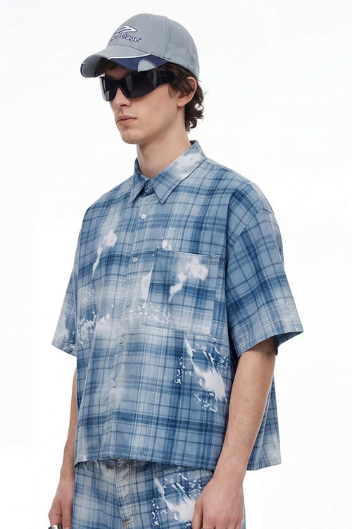 Distressed Plaid Boxy Short-Sleeve Shirt - Blue
