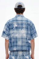 Distressed Plaid Boxy Short-Sleeve Shirt - Blue