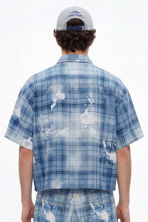 Distressed Plaid Boxy Short-Sleeve Shirt - Blue