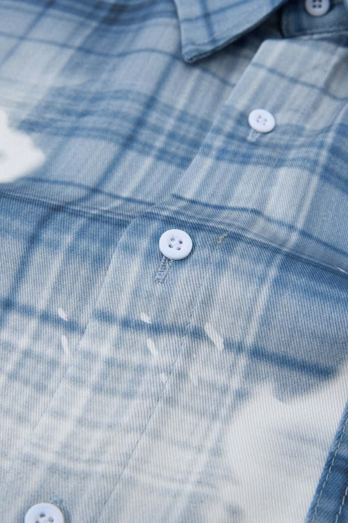 Distressed Plaid Boxy Short-Sleeve Shirt - Blue