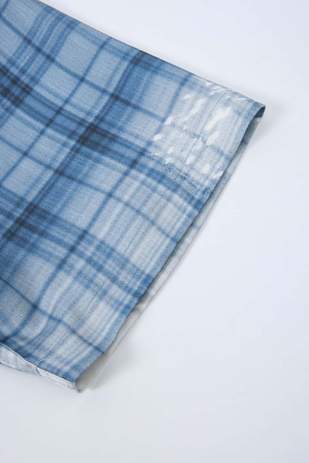 Distressed Plaid Boxy Short-Sleeve Shirt - Blue