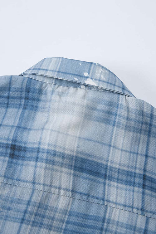 Distressed Plaid Boxy Short-Sleeve Shirt - Blue