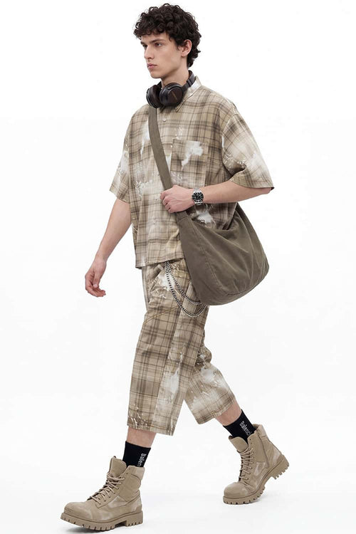 Distressed Plaid Boxy Short-Sleeve Shirt - Khaki
