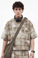 Distressed Plaid Boxy Short-Sleeve Shirt - Khaki