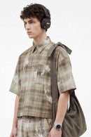 Distressed Plaid Boxy Short-Sleeve Shirt - Khaki