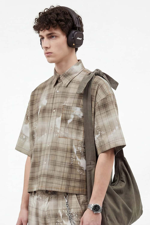 Distressed Plaid Boxy Short-Sleeve Shirt - Khaki