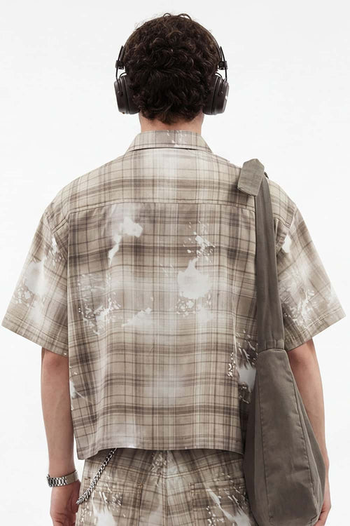 Distressed Plaid Boxy Short-Sleeve Shirt - Khaki