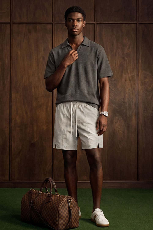 Textured Open-Collar Loose Polo Shirt - Gray Brown