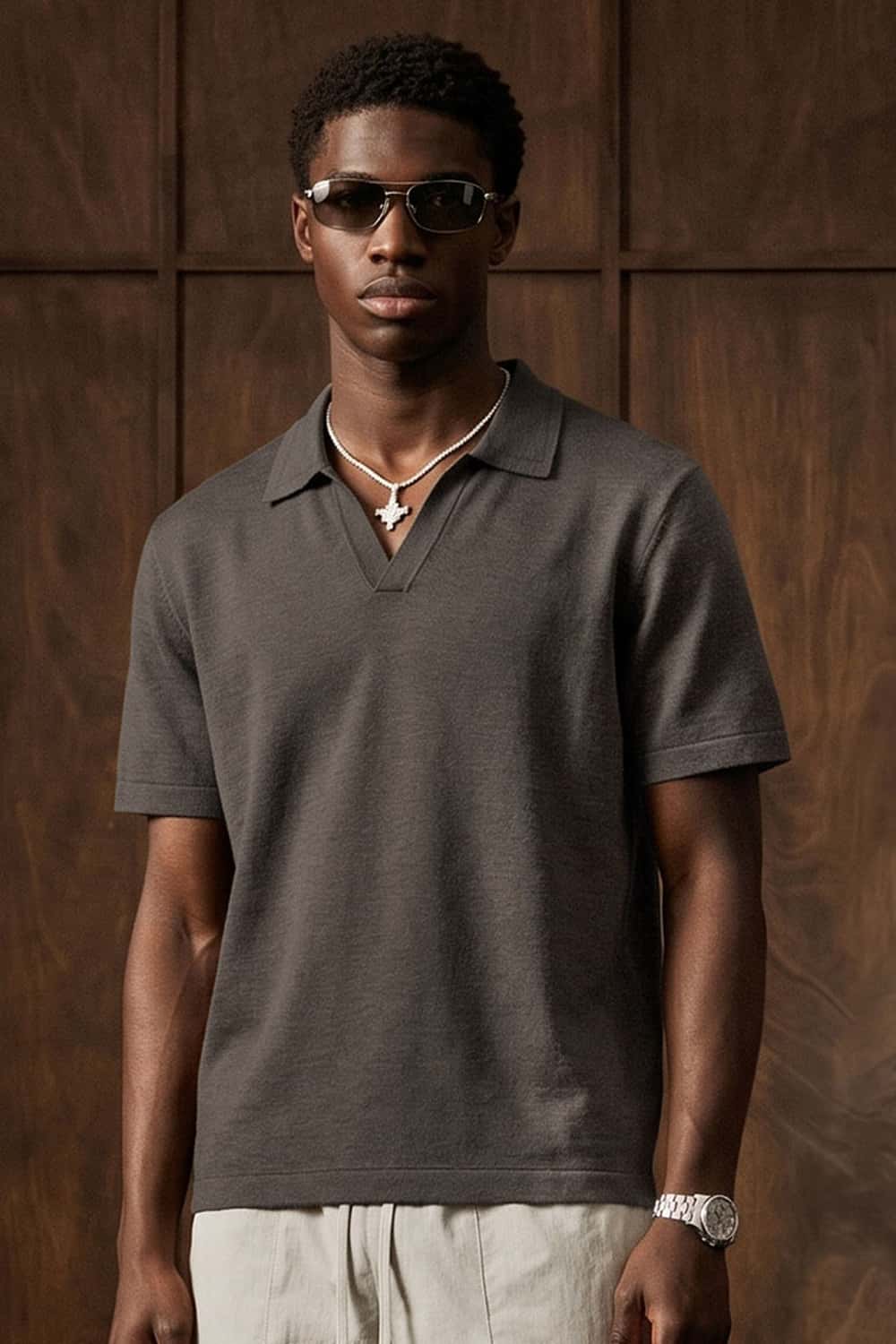 Textured Open-Collar Loose Polo Shirt - Gray Brown