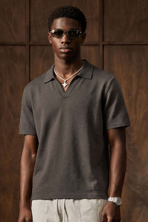 Textured Open-Collar Loose Polo Shirt - Gray Brown