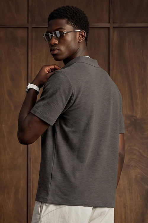 Textured Open-Collar Loose Polo Shirt - Gray Brown