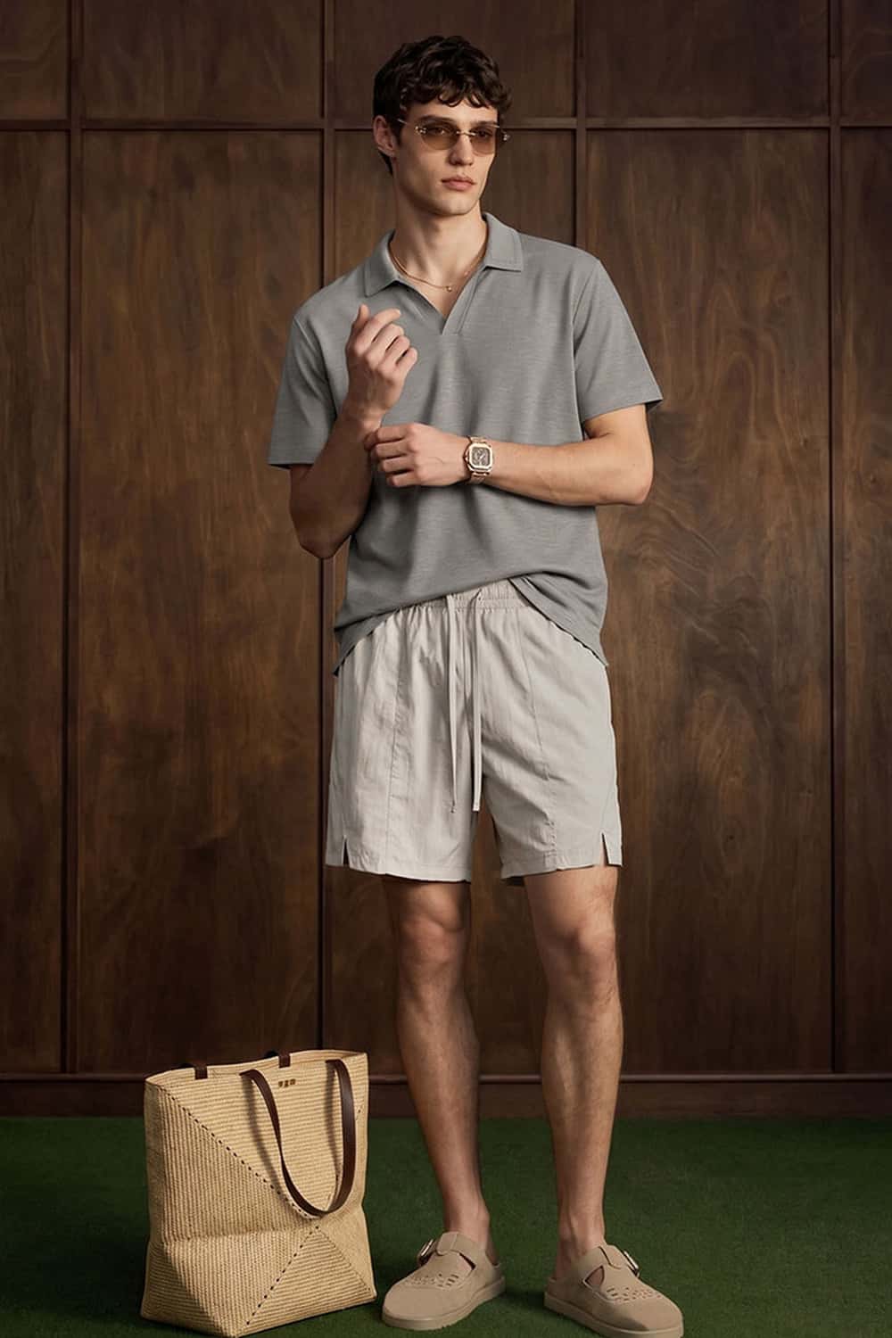 Textured Open-Collar Loose Polo Shirt - Gray