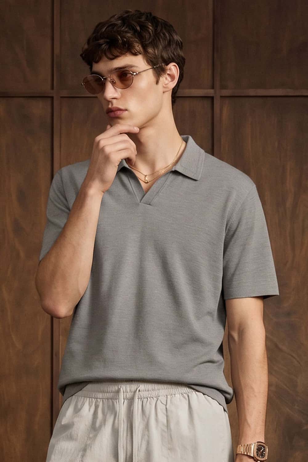 Textured Open-Collar Loose Polo Shirt - Gray