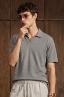 Textured Open-Collar Loose Polo Shirt - Gray
