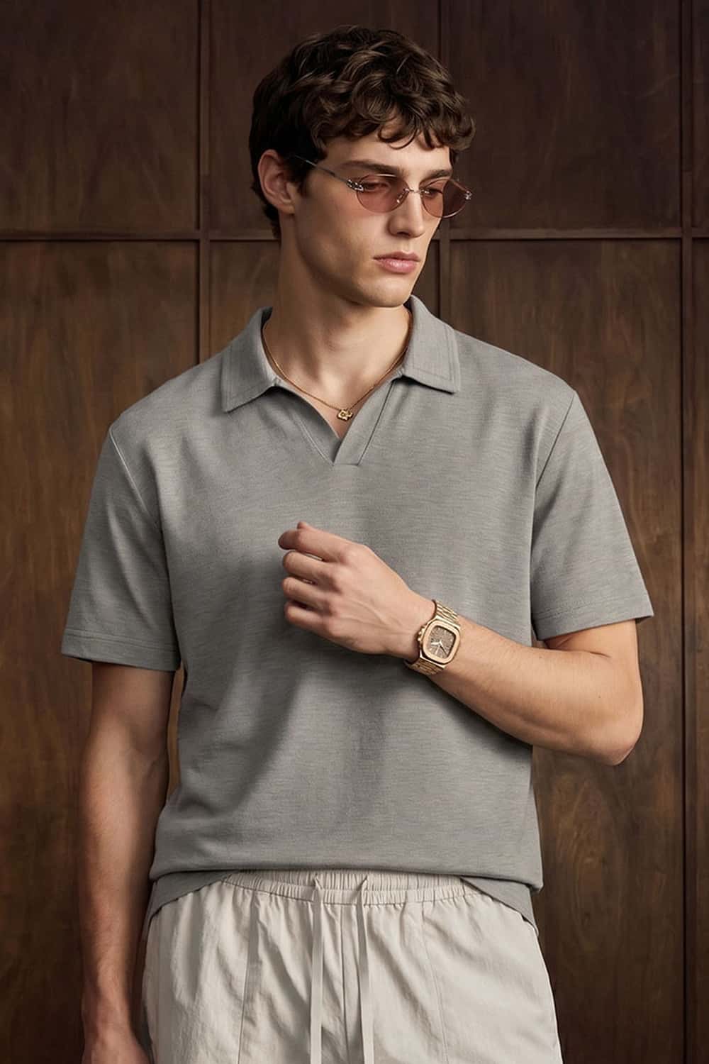 Textured Open-Collar Loose Polo Shirt - Gray