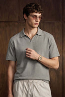 Textured Open-Collar Loose Polo Shirt - Gray