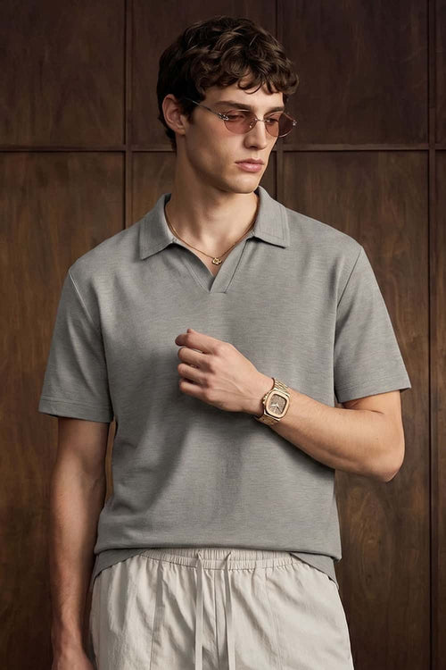 Textured Open-Collar Loose Polo Shirt - Gray