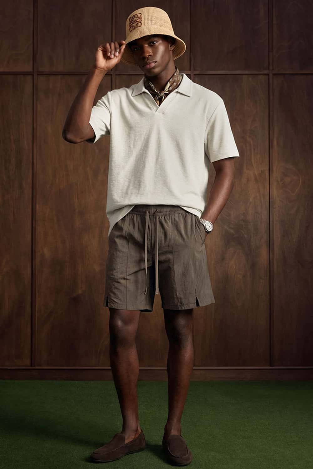Textured Open-Collar Loose Polo Shirt - Grayish White