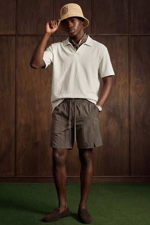 Textured Open-Collar Loose Polo Shirt - Grayish White
