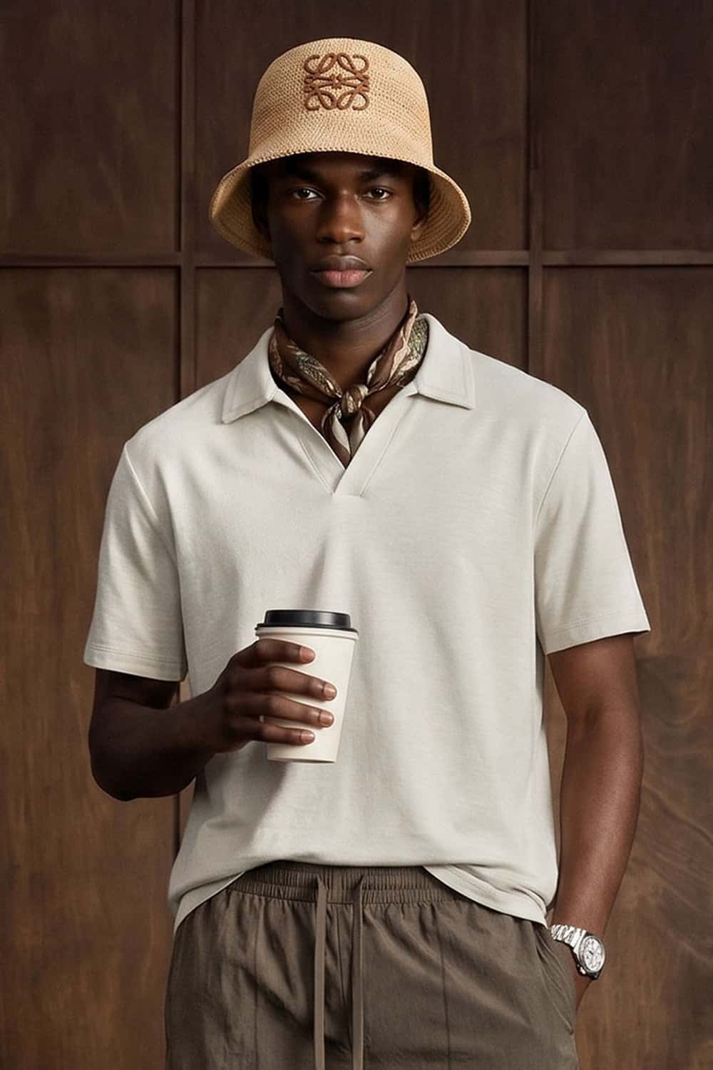 Textured Open-Collar Loose Polo Shirt - Grayish White