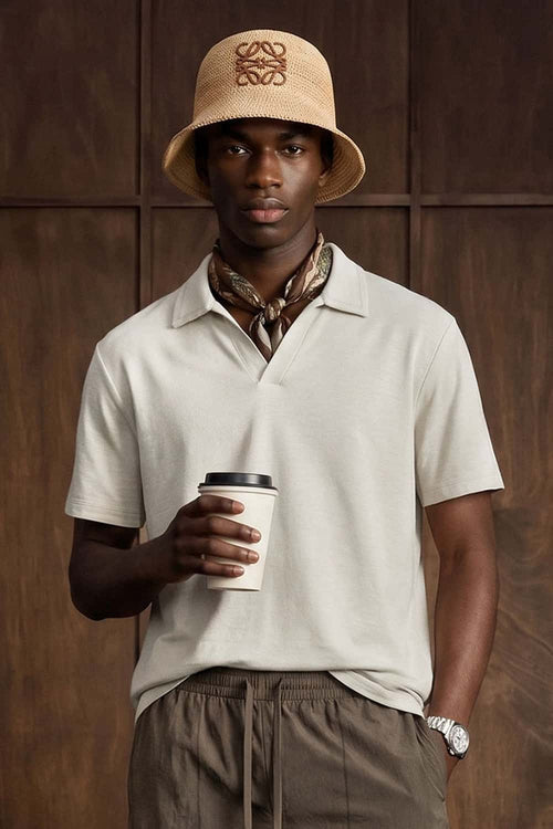 Textured Open-Collar Loose Polo Shirt - Grayish White