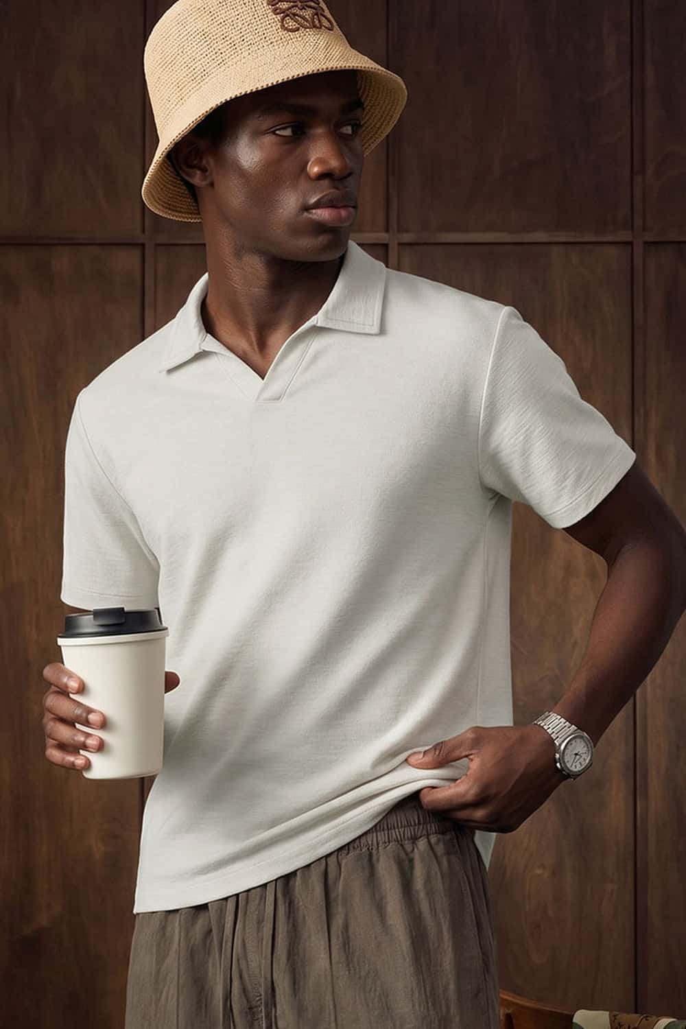Textured Open-Collar Loose Polo Shirt - Grayish White