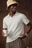 Textured Open-Collar Loose Polo Shirt - Grayish White