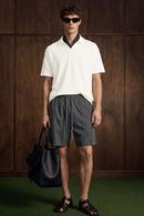 Textured Open-Collar Loose Polo Shirt - Off White