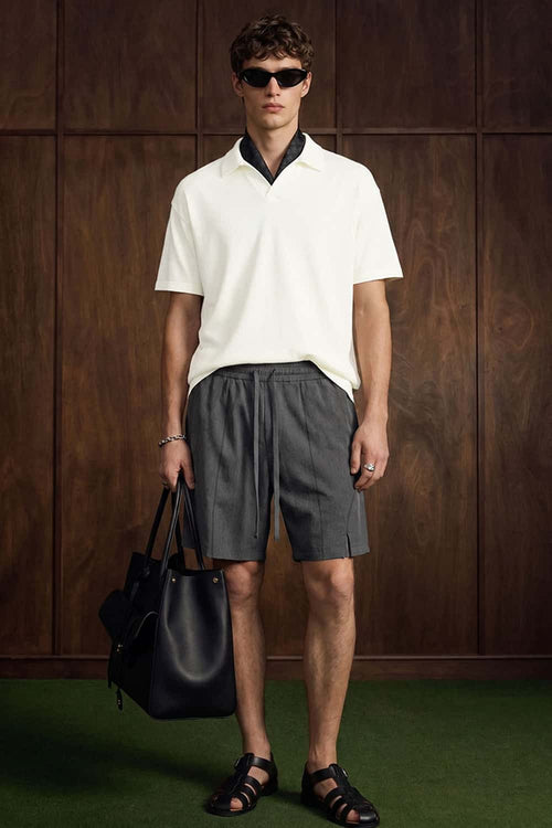 Textured Open-Collar Loose Polo Shirt - Off White