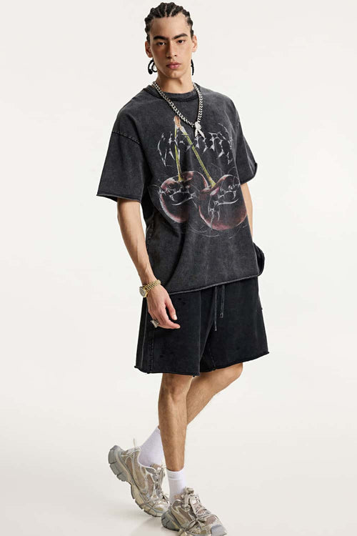 Washed Cherry Graphic Loose Fit T-Shirt - Fried Snowflakes