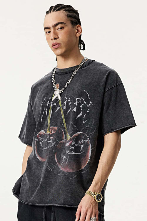 Washed Cherry Graphic Loose Fit T-Shirt - Fried Snowflakes