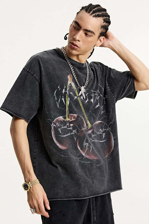 Washed Cherry Graphic Loose Fit T-Shirt - Fried Snowflakes
