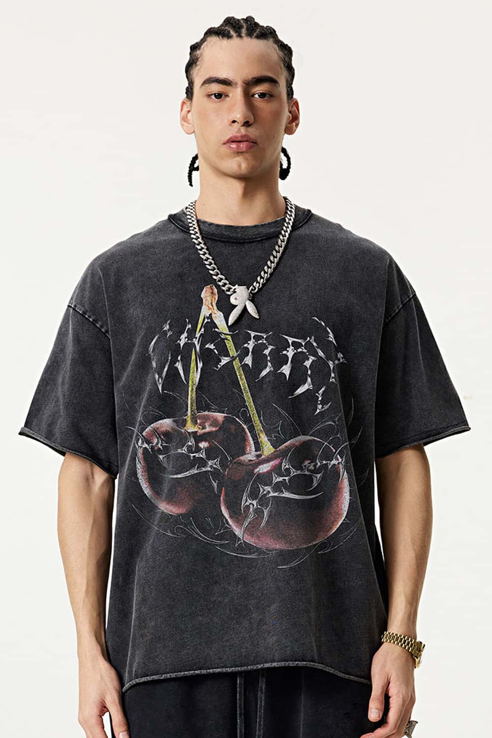 Washed Cherry Graphic Loose Fit T-Shirt - Fried Snowflakes