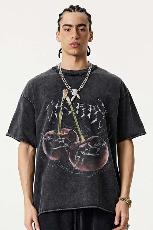 Washed Cherry Graphic Loose Fit T-Shirt - Fried Snowflakes