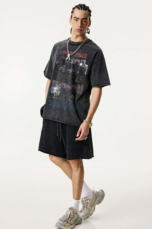 Washed Graffiti Graphic Loose Fit T-Shirt - Fried Snowflakes