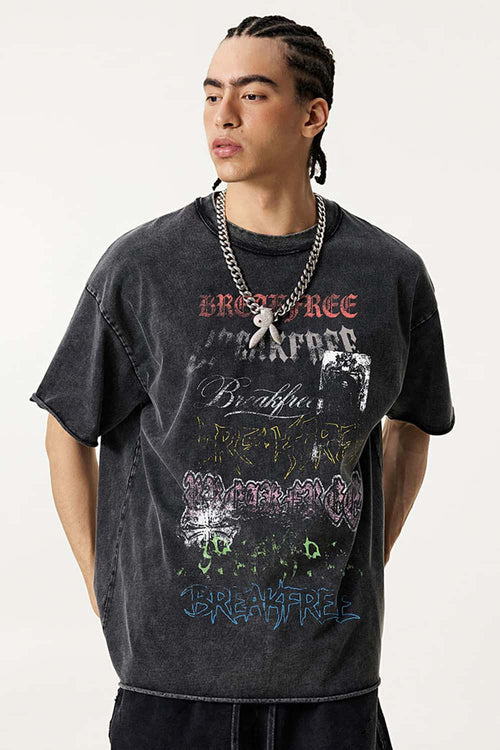 Washed Graffiti Graphic Loose Fit T-Shirt - Fried Snowflakes