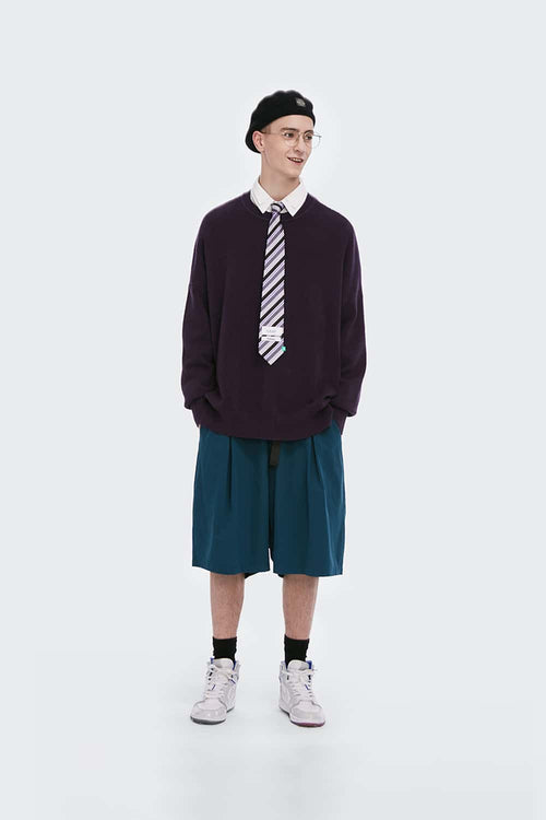 Loose Fit Crewneck Knit Sweater - Dark Purple