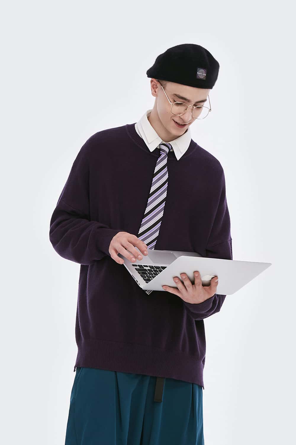 Loose Fit Crewneck Knit Sweater - Dark Purple